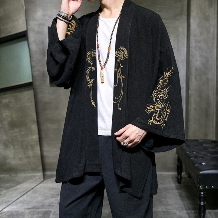 Buddha Stones Dragon Phoenix Open Front Long Sleeve Jacket Men's Cotton Kimono - image 2