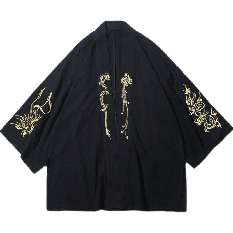 Buddha Stones Dragon Phoenix Open Front Long Sleeve Jacket Men's Cotton Kimono - image 9