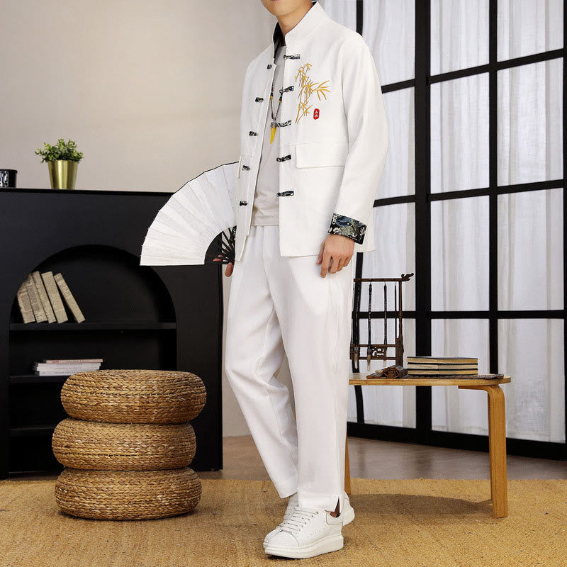 Buddha Stones 2Pcs Tang Suit Bamboo Frog-Button Men's Long Sleeve Shirt Pants Clothing Set - White - US/UK/AU44，EU54 (4XL) - image 10