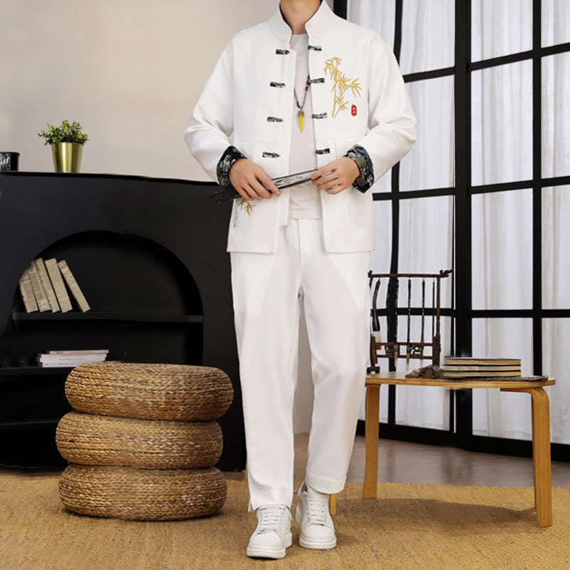 Buddha Stones 2Pcs Tang Suit Bamboo Frog-Button Men's Long Sleeve Shirt Pants Clothing Set - image 11