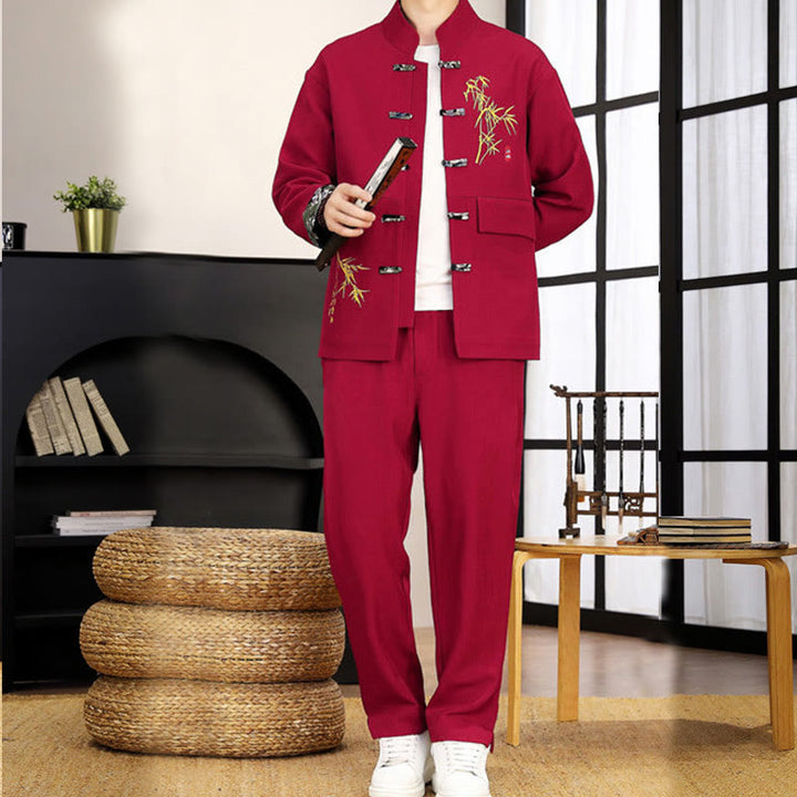 Buddha Stones 2Pcs Tang Suit Bamboo Frog-Button Men's Long Sleeve Shirt Pants Clothing Set - image 20