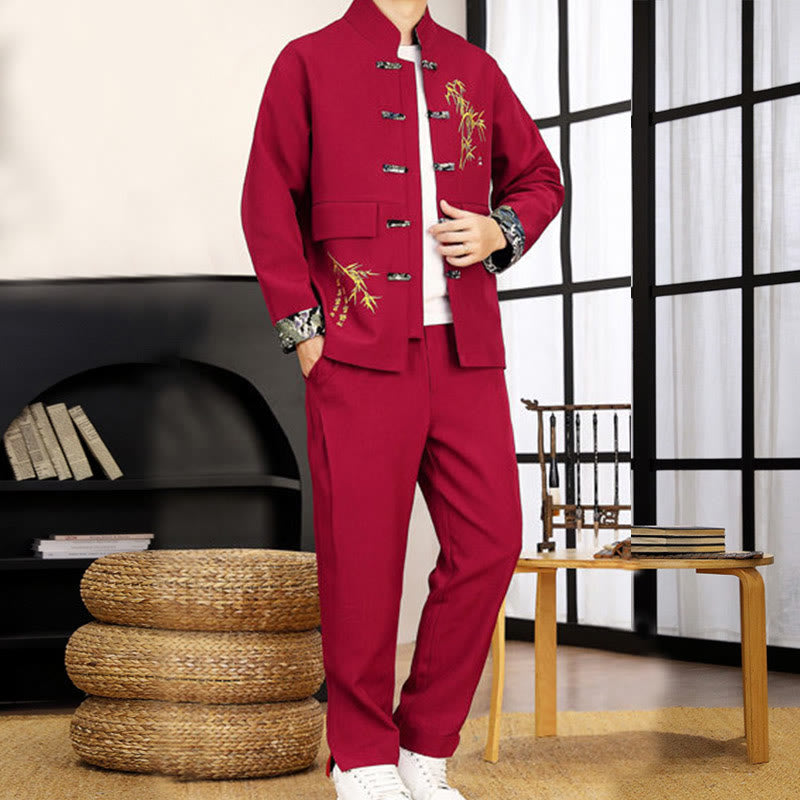 Buddha Stones 2Pcs Tang Suit Bamboo Frog-Button Men's Long Sleeve Shirt Pants Clothing Set - image 21