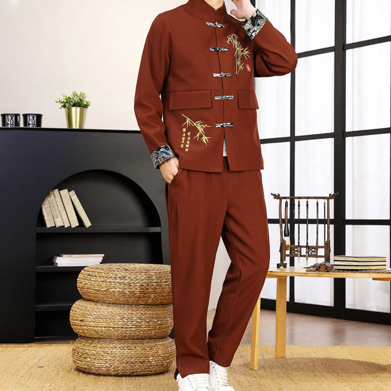 Buddha Stones 2Pcs Tang Suit Bamboo Frog-Button Men's Long Sleeve Shirt Pants Clothing Set - image 27