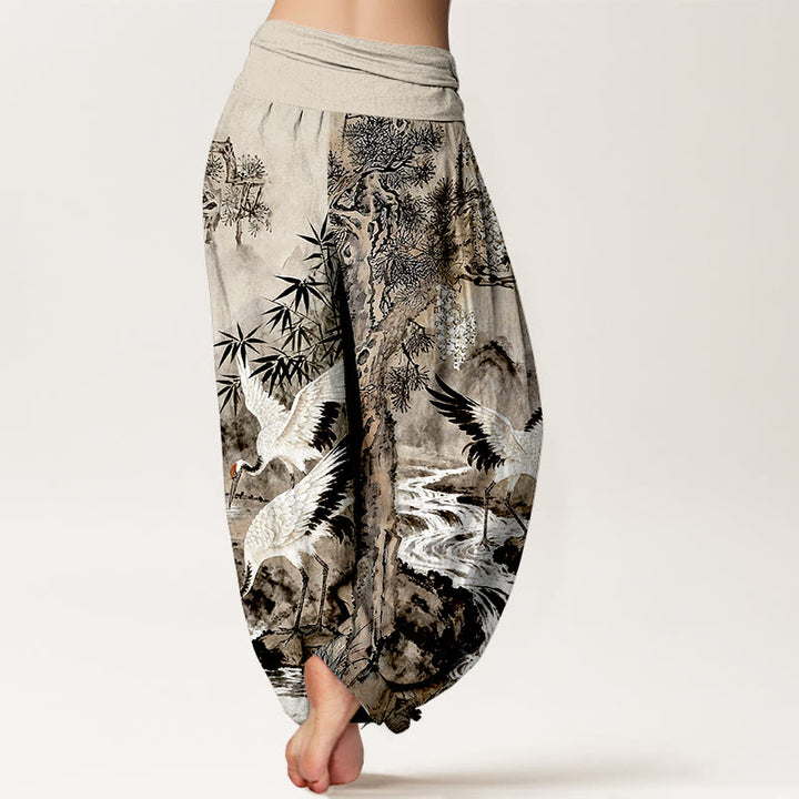 Buddha Stones Pure Cotton Red-crowned Crane Stream Pattern Women's Elastic Waist Harem Pants - image 1