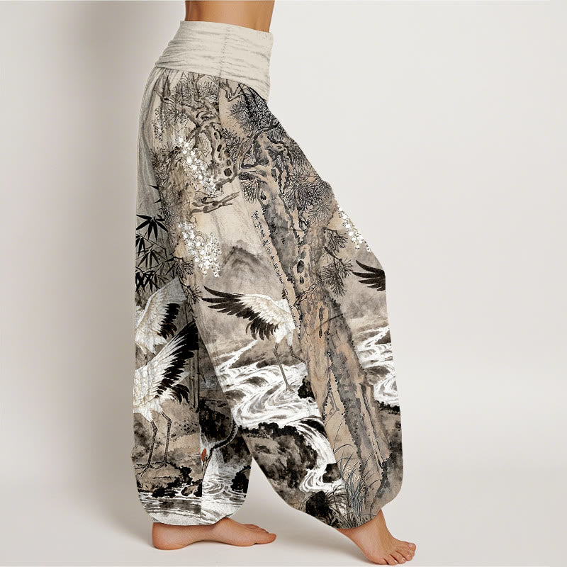 Buddha Stones Pure Cotton Red-crowned Crane Stream Pattern Women's Elastic Waist Harem Pants - image 2