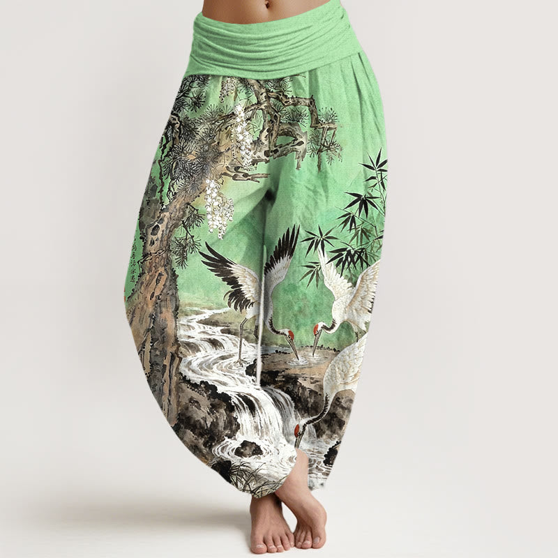 Buddha Stones Pure Cotton Red-crowned Crane Stream Pattern Women's Elastic Waist Harem Pants - LightGreen - US16，UK/AU20，EU48 (3XL) - image 5