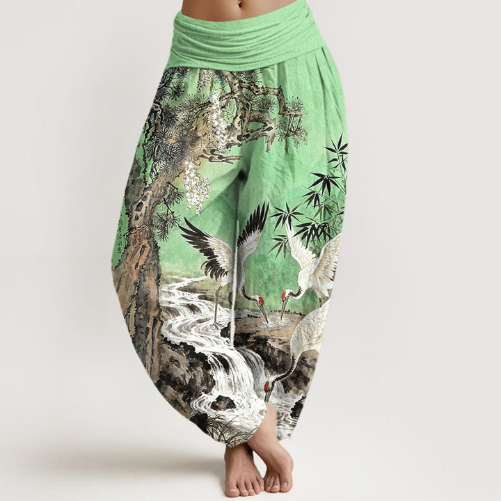 Buddha Stones Pure Cotton Red-crowned Crane Stream Pattern Women's Elastic Waist Harem Pants - LightGreen - US16，UK/AU20，EU48 (3XL) - image 5