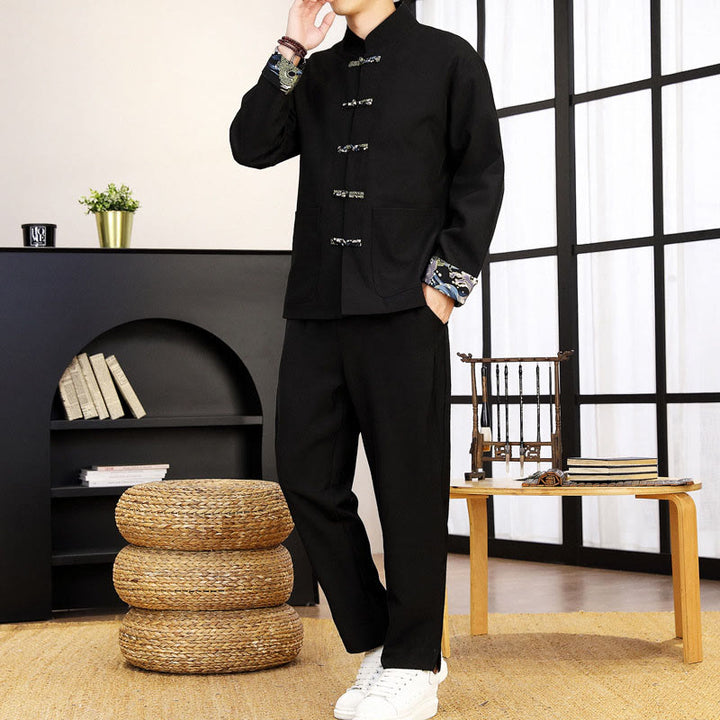 Buddha Stones 2Pcs Tang Suit Frog-Button Men's Waves Long Sleeve Shirt Pants Clothing Set - Black - US/UK/AU44，EU54 (4XL) - image 11