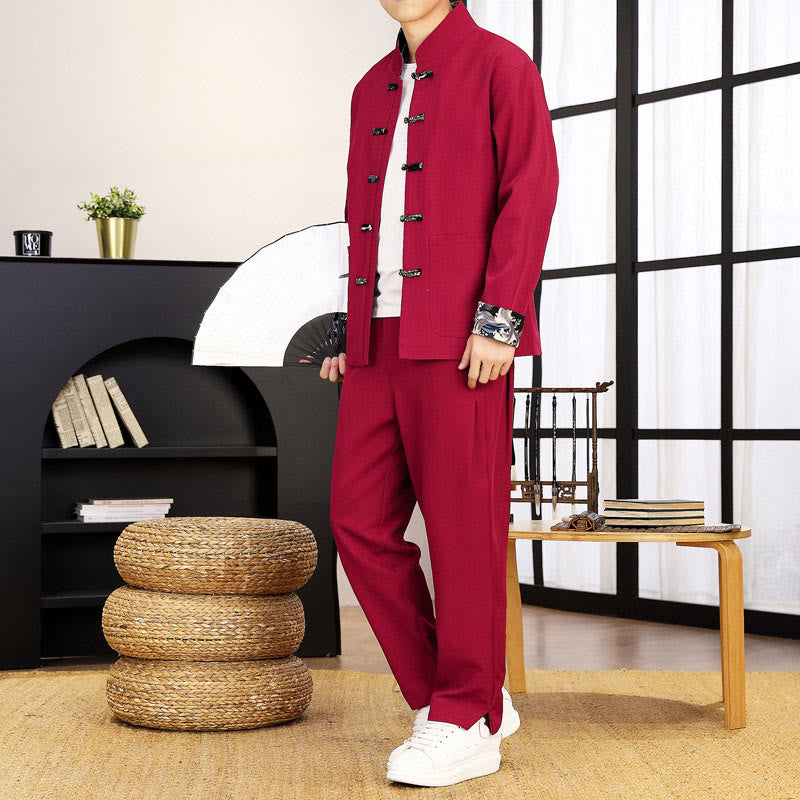 Buddha Stones 2Pcs Tang Suit Frog-Button Men's Waves Long Sleeve Shirt Pants Clothing Set - Crimson - US/UK/AU44，EU54 (4XL) - image 23