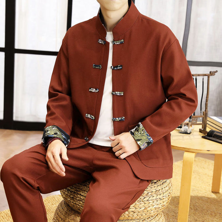 Buddha Stones 2Pcs Tang Suit Frog-Button Men's Waves Long Sleeve Shirt Pants Clothing Set - image 3