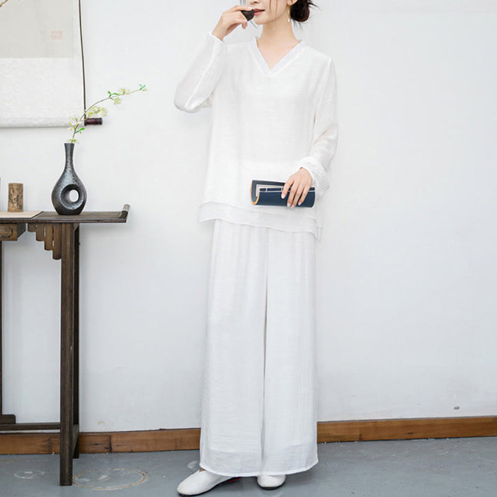 Buddha Stones 2Pcs White Long Sleeve V-Neck Shirt Wide Leg Pants Meditation Women's Set - image 5