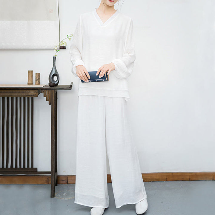 Buddha Stones 2Pcs White Long Sleeve V-Neck Shirt Wide Leg Pants Meditation Women's Set - image 4