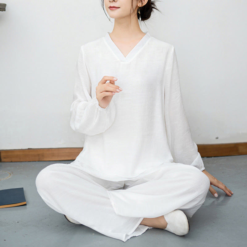 Buddha Stones 2Pcs White Long Sleeve V-Neck Shirt Wide Leg Pants Meditation Women's Set - image 9