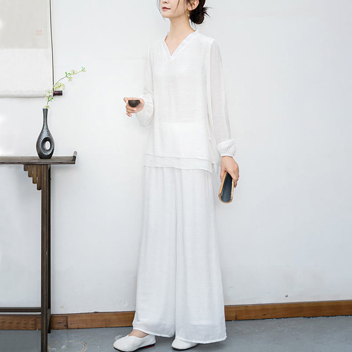 Buddha Stones 2Pcs White Long Sleeve V-Neck Shirt Wide Leg Pants Meditation Women's Set - image 6
