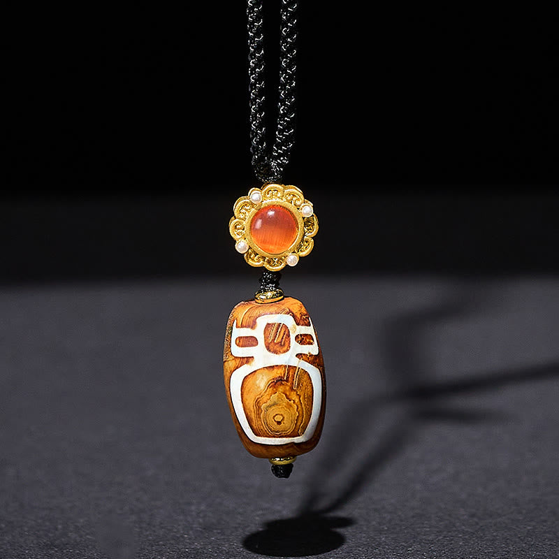 Buddha Stones Tibetan Agate Carved God of Wealth Nine-eye Dzi Bead Blessing Necklace Pendant - image 1