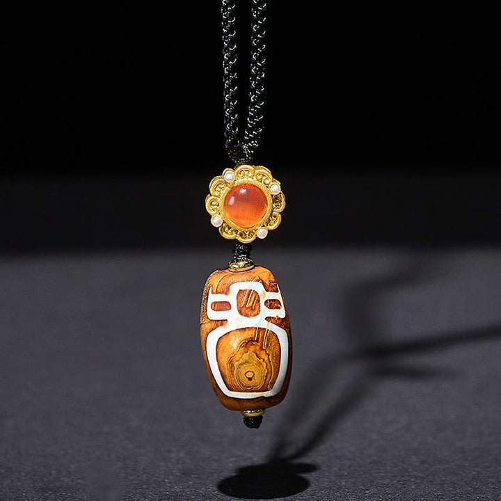 Buddha Stones Tibetan Agate Carved God of Wealth Nine-eye Dzi Bead Blessing Necklace Pendant - image 1