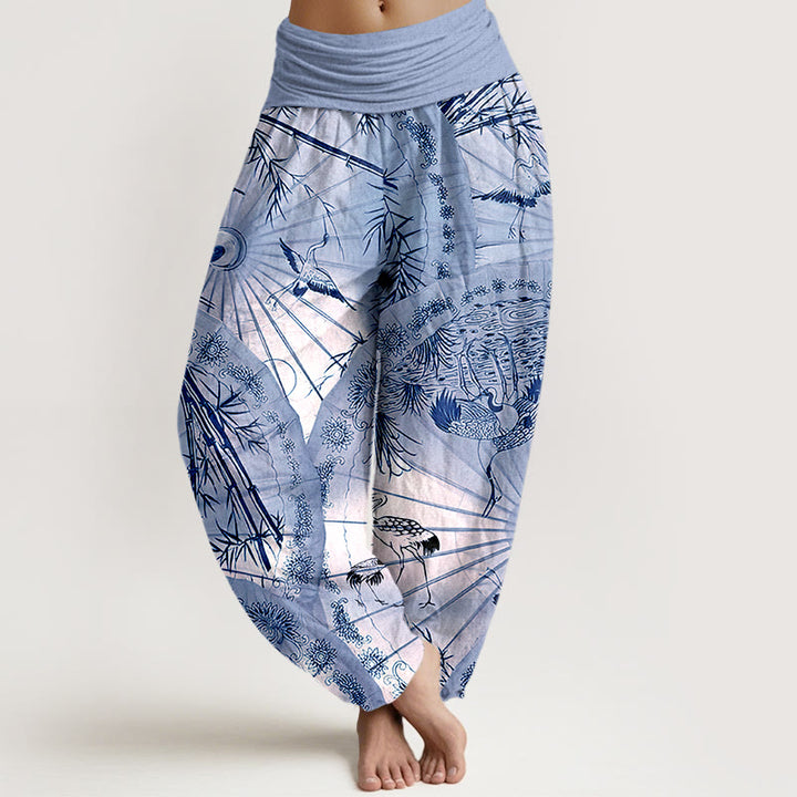 Buddha Stones Pure Cotton Umbrella Crane Bamboo Pattern Women's Elastic Waist Harem Pants - SkyBlue - US16，UK/AU20，EU48 (3XL) - image 5
