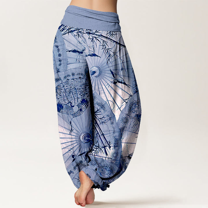 Buddha Stones Pure Cotton Umbrella Crane Bamboo Pattern Women's Elastic Waist Harem Pants - image 6