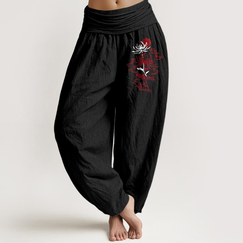 Buddha Stones Chrysanthemums Sun Pattern Women's Elastic Waist Harem Pure Cotton Pants - Black - US16，UK/AU20，EU48 (3XL) - image 5