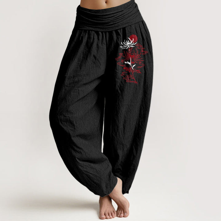 Buddha Stones Chrysanthemums Sun Pattern Women's Elastic Waist Harem Pure Cotton Pants - Black - US16，UK/AU20，EU48 (3XL) - image 5