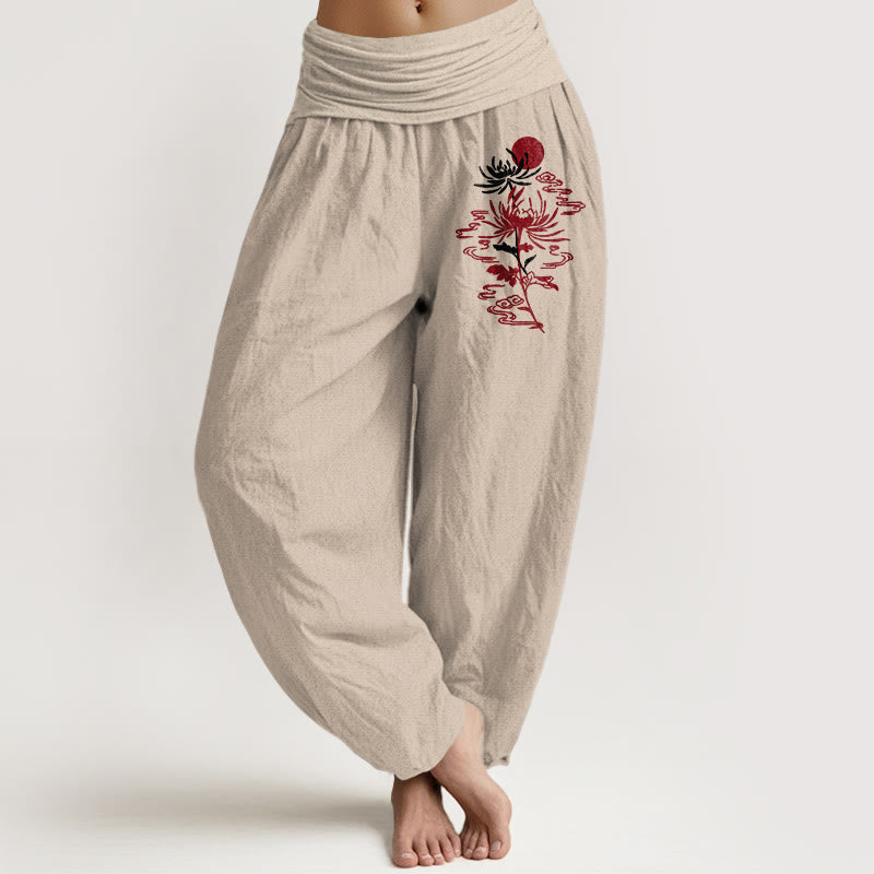 Buddha Stones Chrysanthemums Sun Pattern Women's Elastic Waist Harem Pure Cotton Pants - Tan - US16，UK/AU20，EU48 (3XL) - image 0