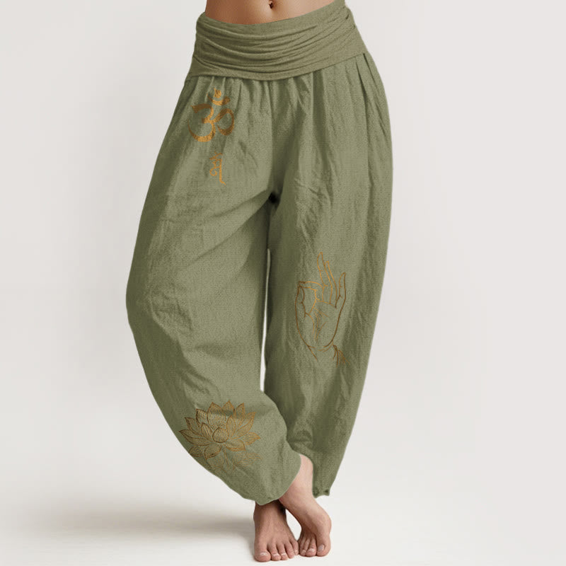 Buddha Stones Om Dhi Symbols Lotus Buddha's Hand Pattern Women's Elastic Waist Harem Cotton Pants - OliveDrab - US16，UK/AU20，EU48 (3XL) - image 14