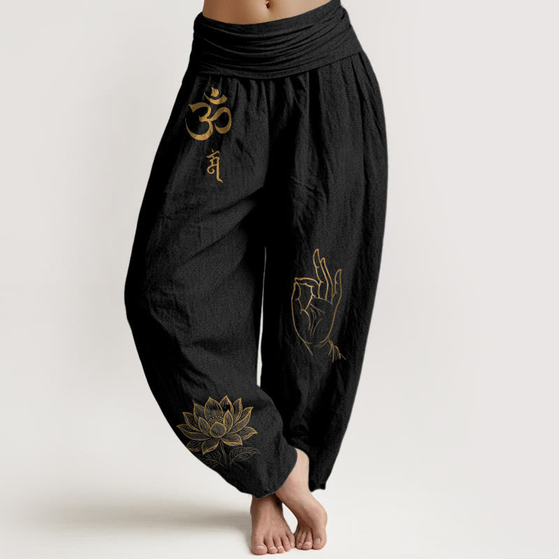 Buddha Stones Om Dhi Symbols Lotus Buddha's Hand Pattern Women's Elastic Waist Harem Cotton Pants - Black - US16，UK/AU20，EU48 (3XL) - image 0