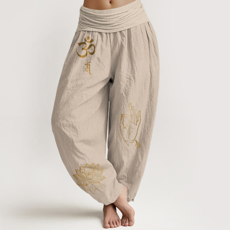 Buddha Stones Om Dhi Symbols Lotus Buddha's Hand Pattern Women's Elastic Waist Harem Cotton Pants - Tan - US16，UK/AU20，EU48 (3XL) - image 11