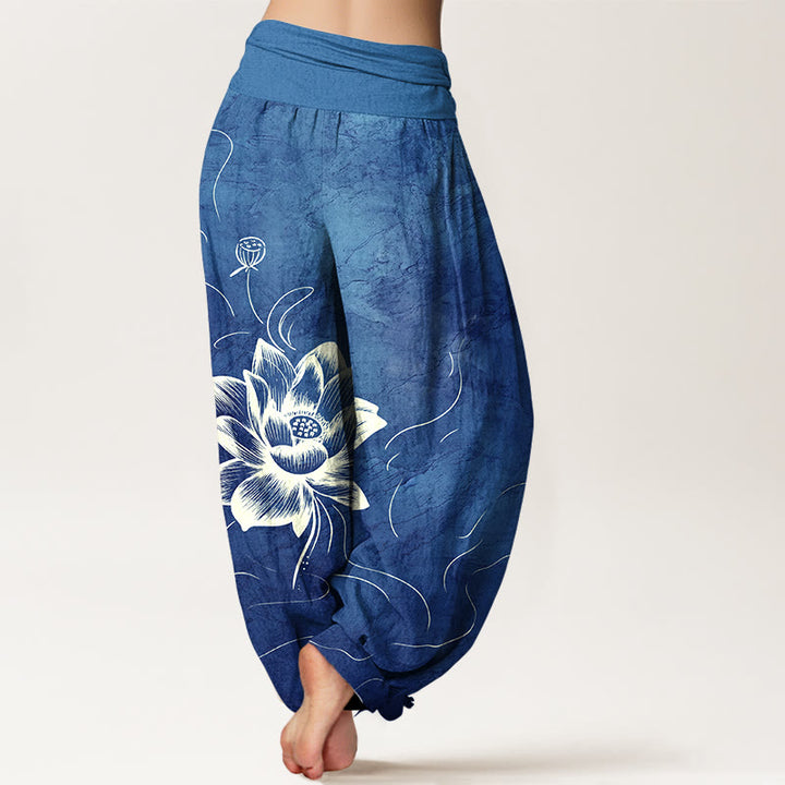 Buddha Stones Pure Cotton Lotus Flower Pattern Women's Elastic Waist Harem Pants - image 6