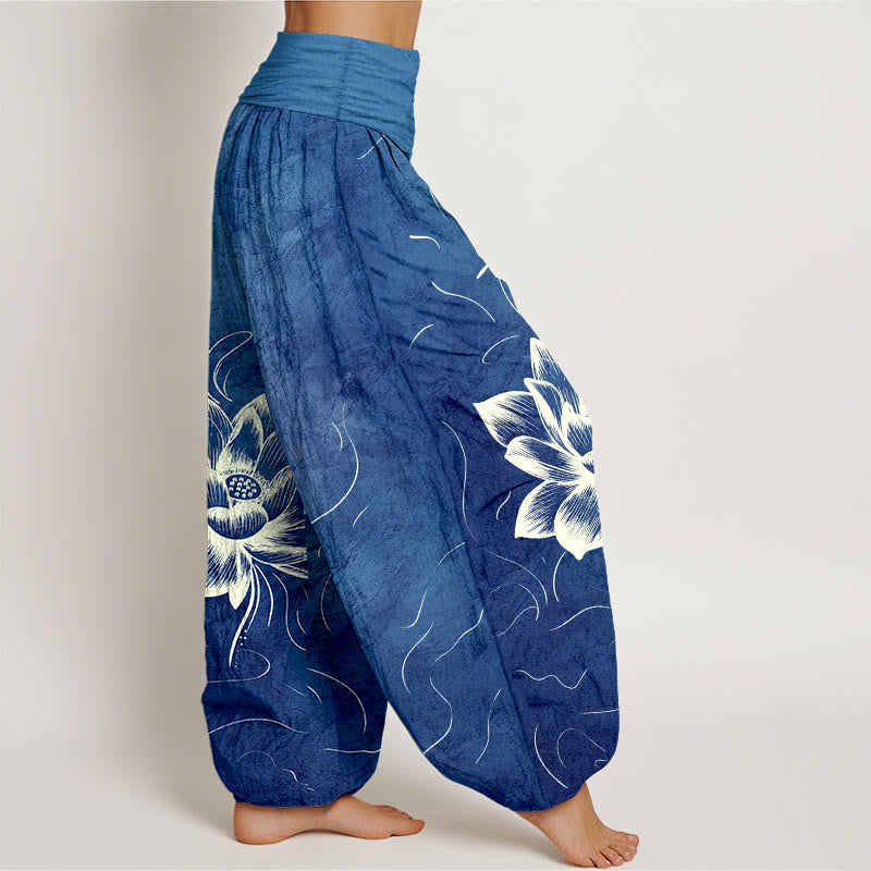 Buddha Stones Pure Cotton Lotus Flower Pattern Women's Elastic Waist Harem Pants - image 7