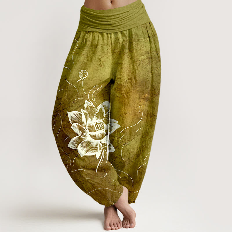 Buddha Stones Pure Cotton Lotus Flower Pattern Women's Elastic Waist Harem Pants - DarkGoldenrod - US16，UK/AU20，EU48 (3XL) - image 8