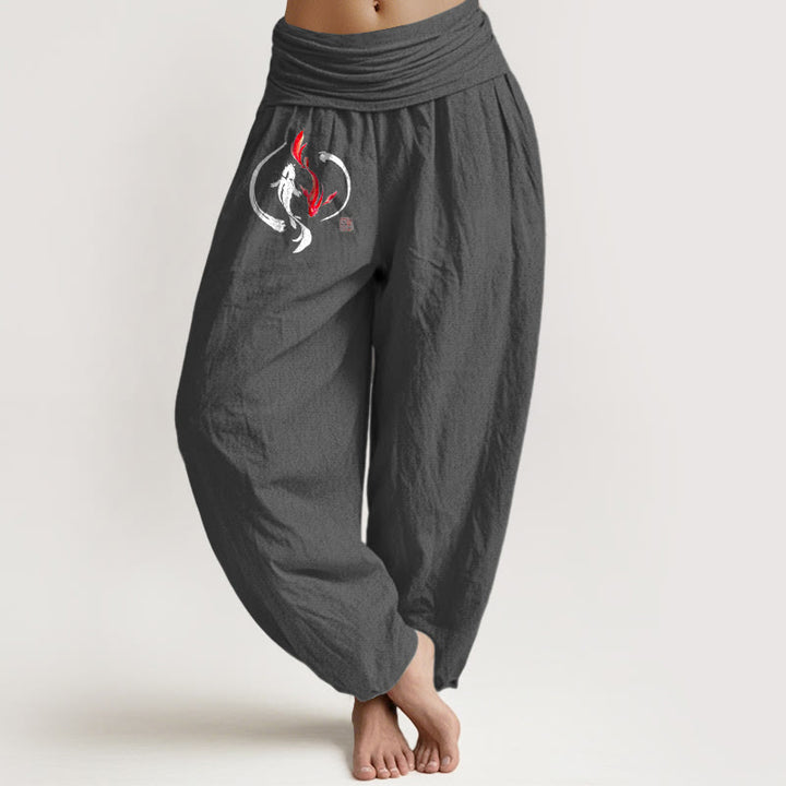 Buddha Stones Yin Yang Koi Fish Design Women's Elastic Waist Harem Pure Cotton Pants - DimGray - US16，UK/AU20，EU48 (3XL) - image 11