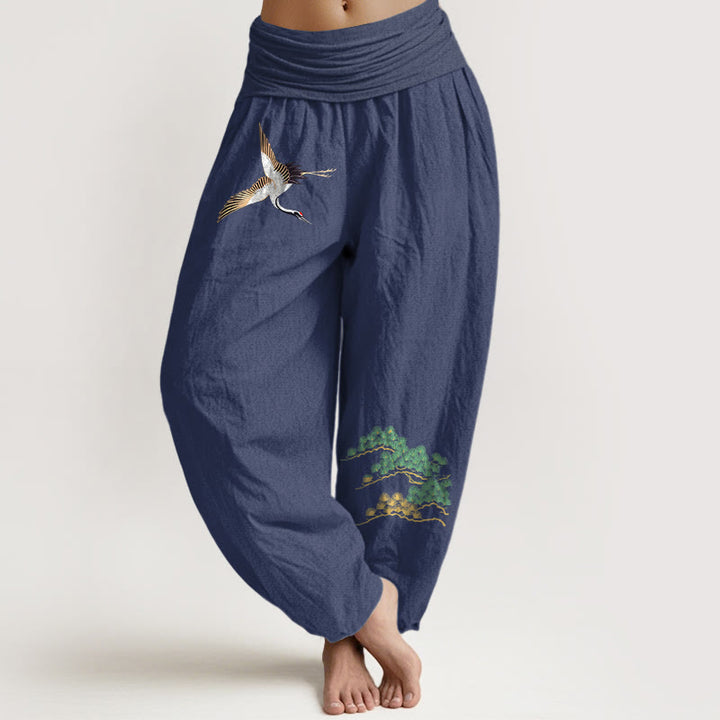 Buddha Stones Women's Pure Cotton Crane Pine Tree Pattern Elastic Waist Harem Pants - DarkSlateBlue - US16，UK/AU20，EU48 (3XL) - image 0