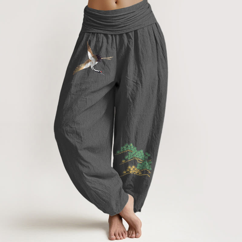Buddha Stones Women's Pure Cotton Crane Pine Tree Pattern Elastic Waist Harem Pants - DimGray - US16，UK/AU20，EU48 (3XL) - image 8