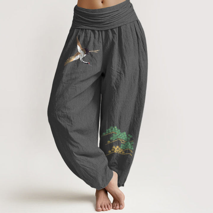 Buddha Stones Women's Pure Cotton Crane Pine Tree Pattern Elastic Waist Harem Pants - DimGray - US16，UK/AU20，EU48 (3XL) - image 8