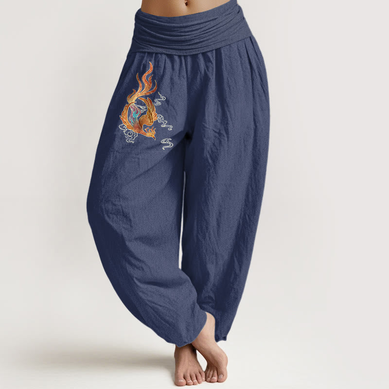 Buddha Stones Women's Pure Cotton Phoenix Auspicious Cloud Pattern Elastic Waist Harem Pants - DarkSlateBlue - US16，UK/AU20，EU48 (3XL) - image 0