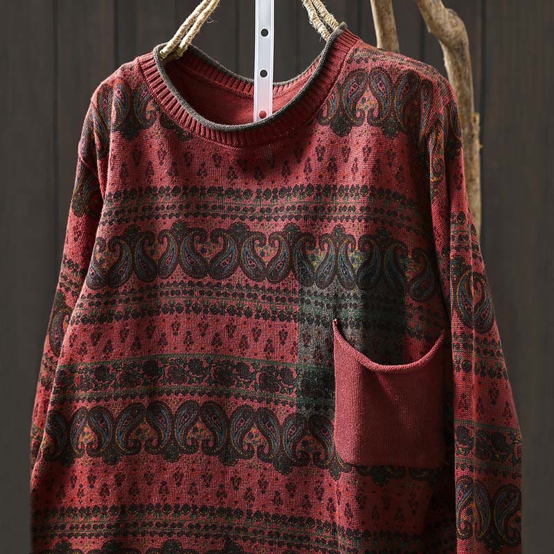 Buddha Stones Fall Plant Floral Pattern Crew Neck Long Sleeve Women's Cotton Sweater With Pocket - image 3
