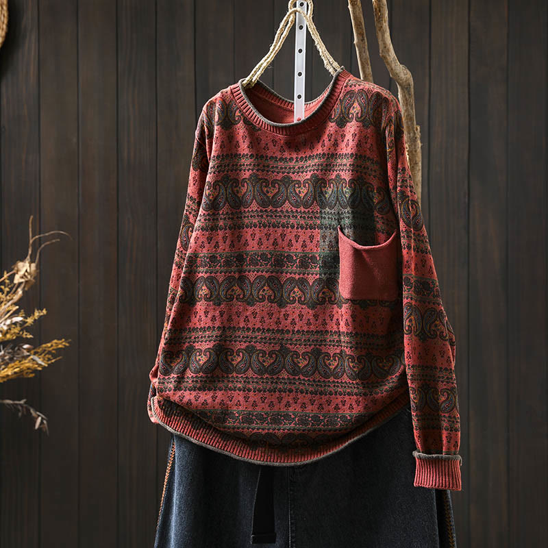 Buddha Stones Fall Plant Floral Pattern Crew Neck Long Sleeve Women's Cotton Sweater With Pocket - Tomato - US4-6，UK/AU8-10，EU36-38 (F) - image 2