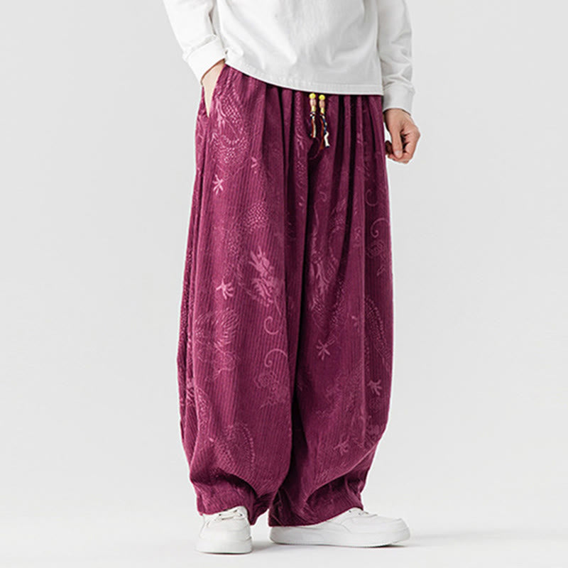 Buddha Stones Winter Dragon Phoenix Pattern Cotton Corduroy Men's Harem Pants With Pockets - image 12
