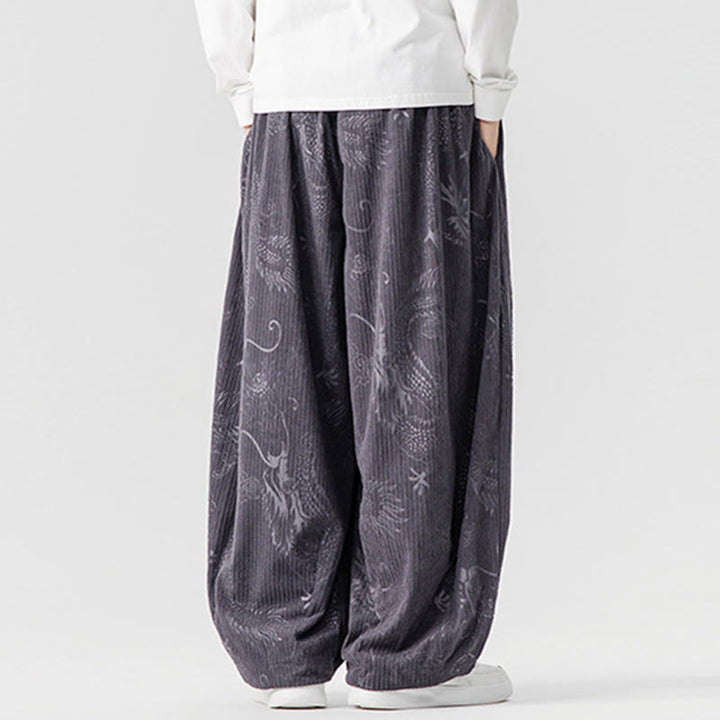 Buddha Stones Winter Dragon Phoenix Pattern Cotton Corduroy Men's Harem Pants With Pockets - image 28