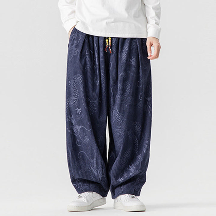 Buddha Stones Winter Dragon Phoenix Pattern Cotton Corduroy Men's Harem Pants With Pockets - image 17