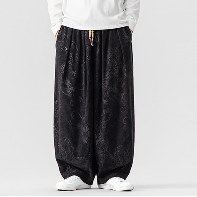 Buddha Stones Winter Dragon Phoenix Pattern Cotton Corduroy Men's Harem Pants With Pockets - Black - US/UK/AU46，EU56 (5XL) - image 31