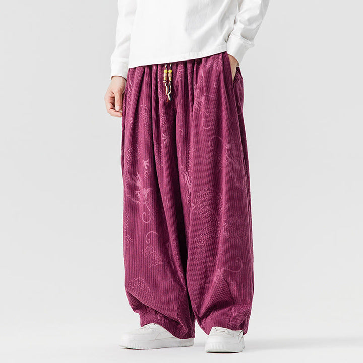 Buddha Stones Winter Dragon Phoenix Pattern Cotton Corduroy Men's Harem Pants With Pockets - image 11