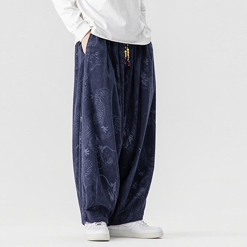 Buddha Stones Winter Dragon Phoenix Pattern Cotton Corduroy Men's Harem Pants With Pockets - image 19