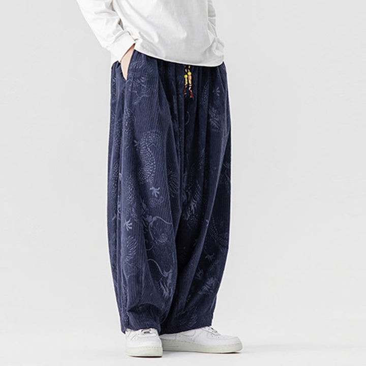 Buddha Stones Winter Dragon Phoenix Pattern Cotton Corduroy Men's Harem Pants With Pockets - image 19