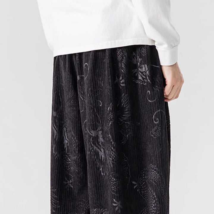 Buddha Stones Winter Dragon Phoenix Pattern Cotton Corduroy Men's Harem Pants With Pockets - image 40