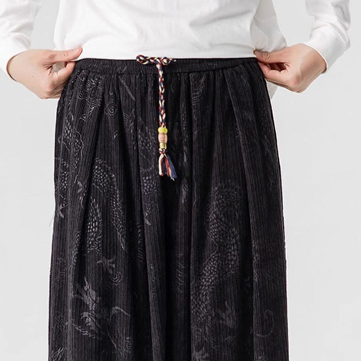 Buddha Stones Winter Dragon Phoenix Pattern Cotton Corduroy Men's Harem Pants With Pockets - image 39
