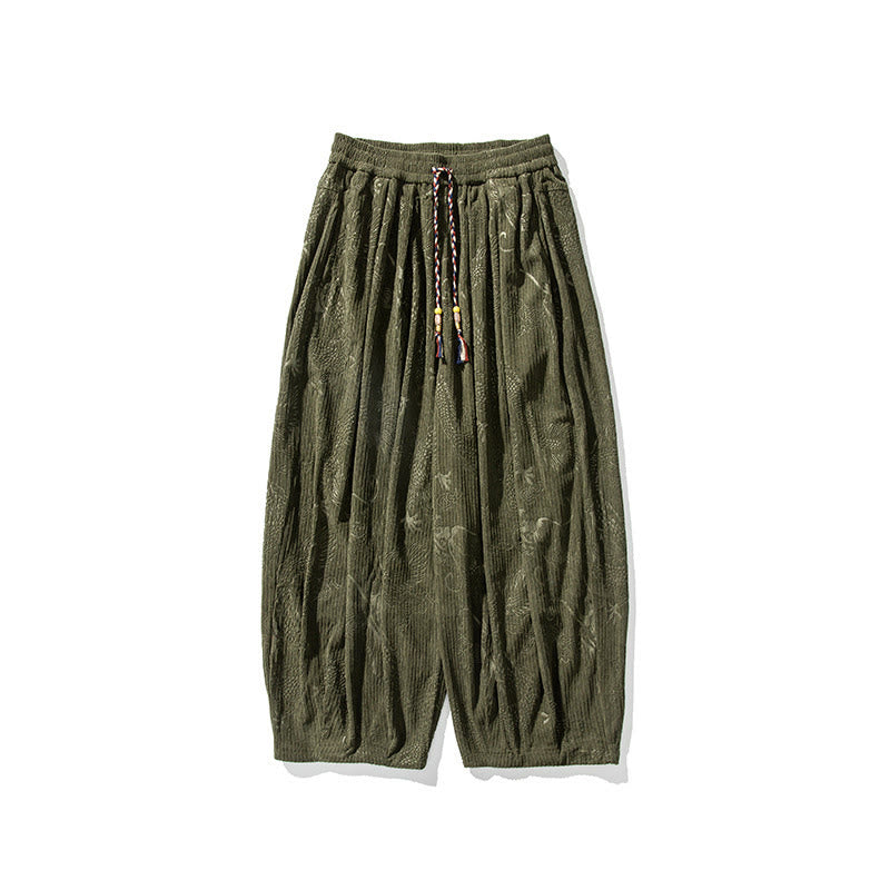 Buddha Stones Winter Dragon Phoenix Pattern Cotton Corduroy Men's Harem Pants With Pockets - image 8
