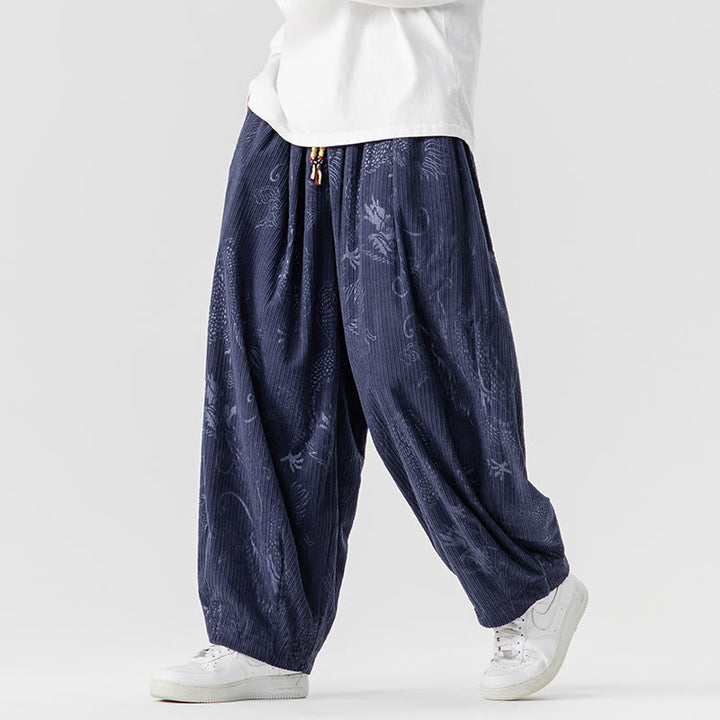 Buddha Stones Winter Dragon Phoenix Pattern Cotton Corduroy Men's Harem Pants With Pockets - image 20