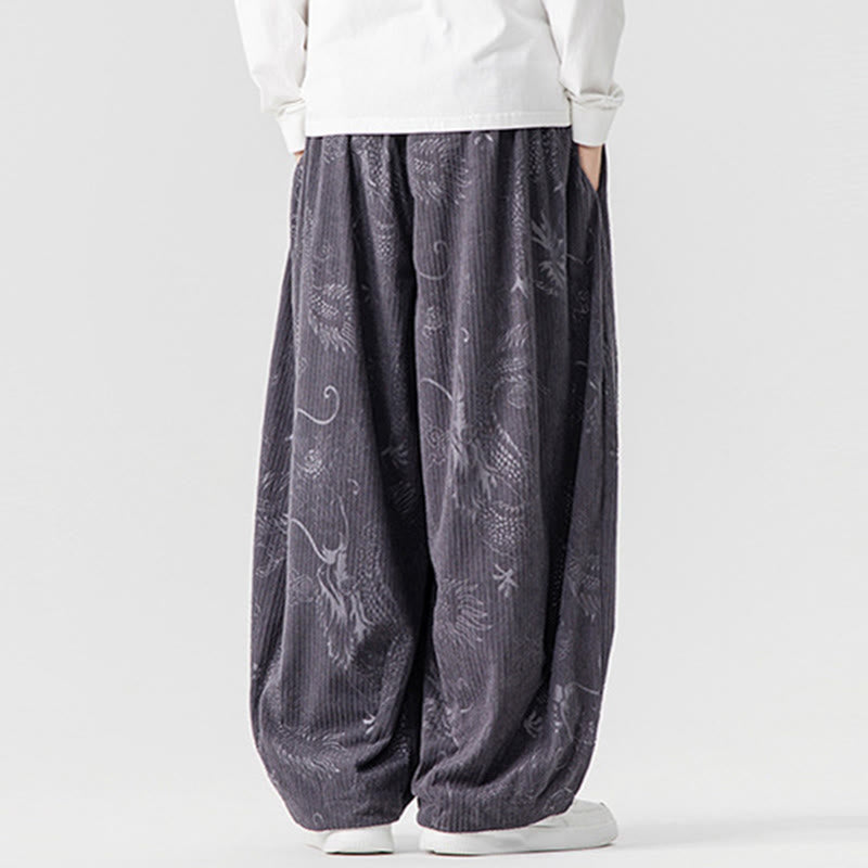 Buddha Stones Winter Dragon Phoenix Pattern Cotton Corduroy Men's Harem Pants With Pockets - image 28